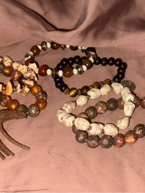Boho Multi-Bead Stretch Bracelet Set - White, Brown & Black